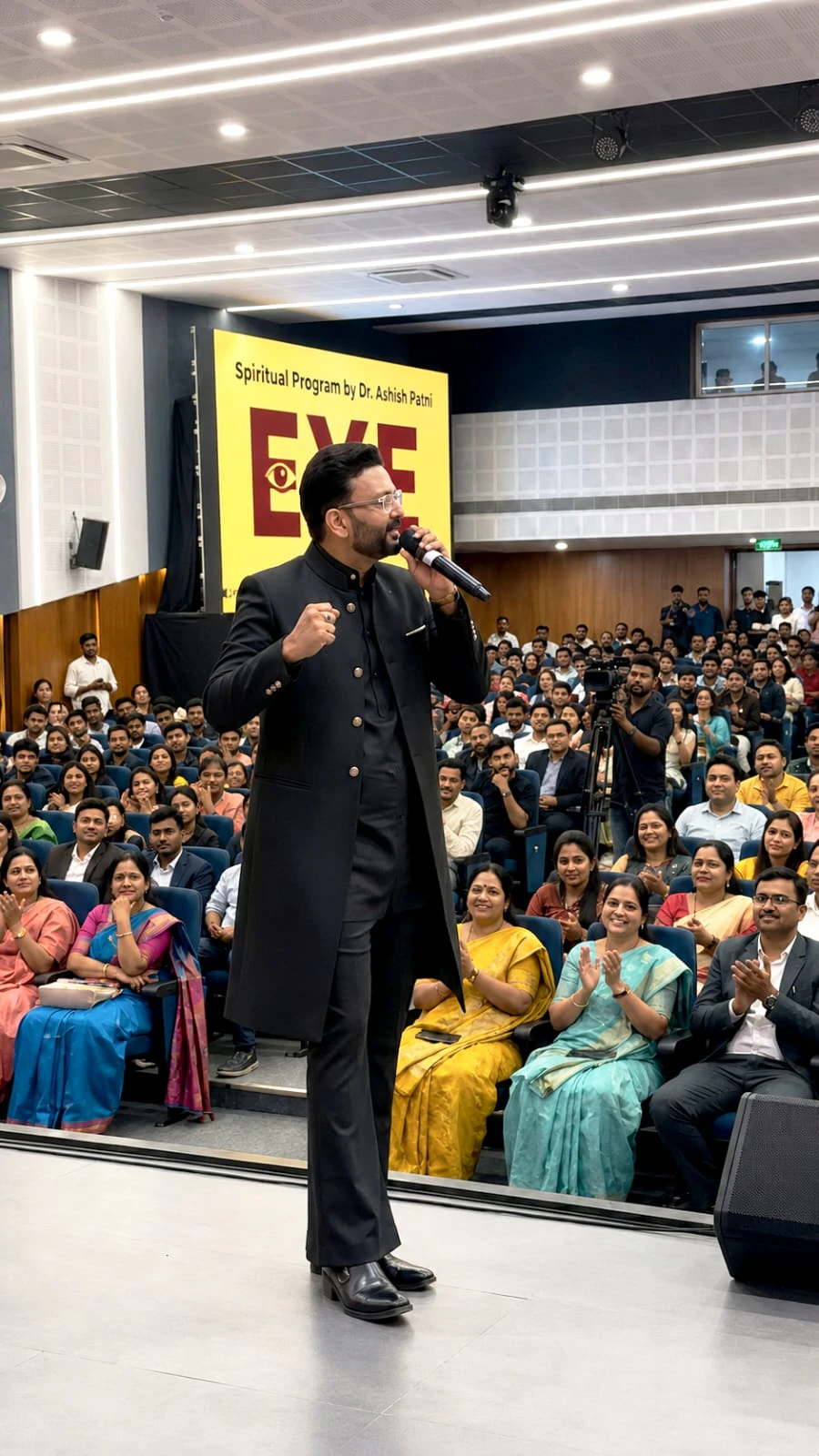 Real photograph of Dr. Ashish Patni speaking among the Delhi audience