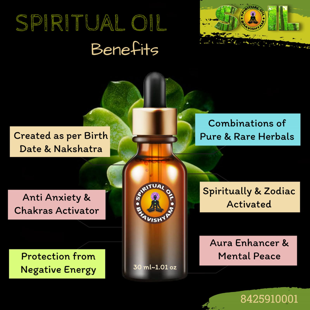 Spiritual Oil Benefits Infographic - Anti Anxiety, Chakra Activator, Aura Enhancer